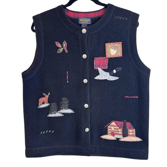 Woolrich Womens Vintage 100% Wool Patchwork Button Down Fall Themed Vest - Picture 1 of 6